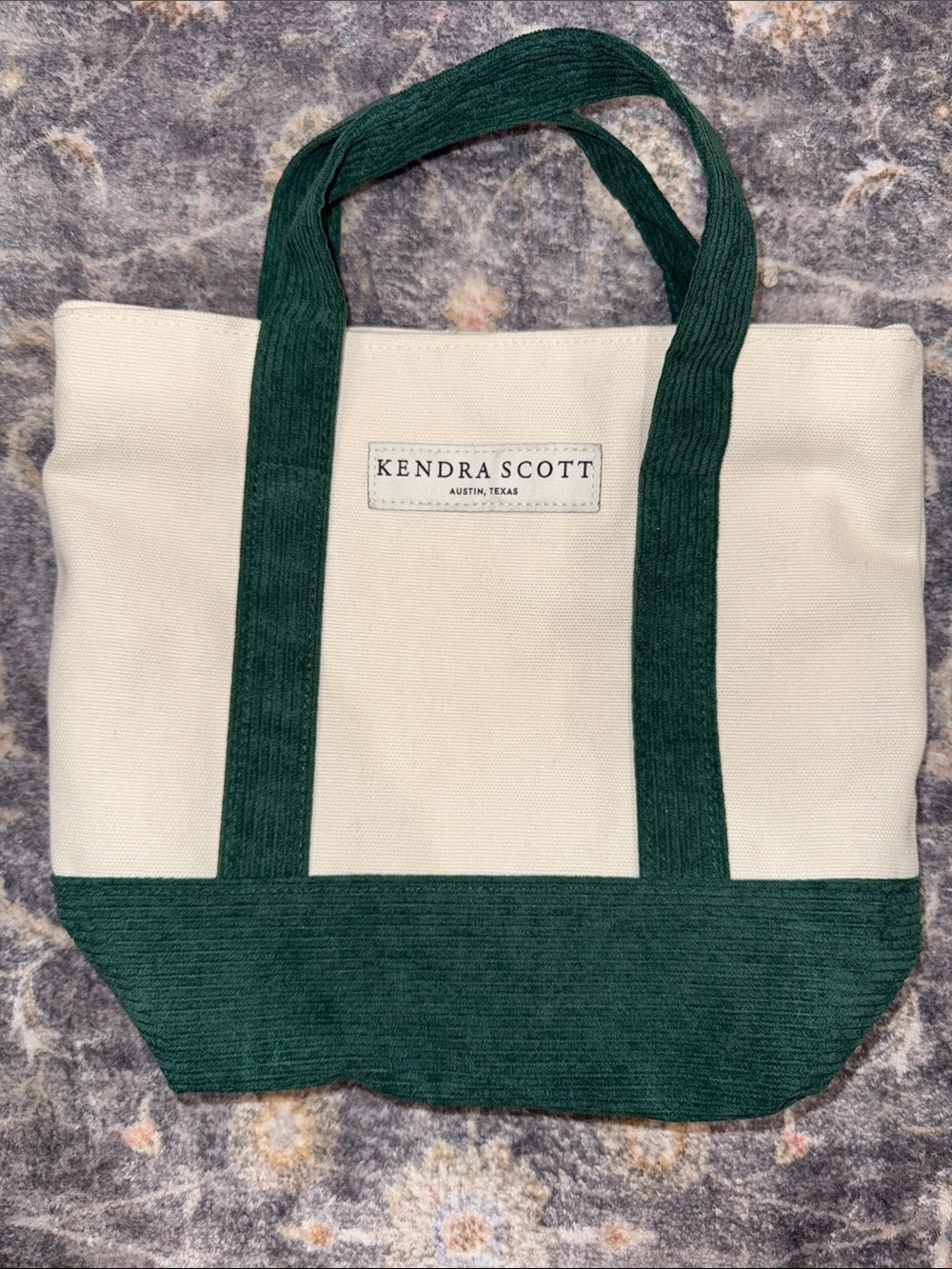 Kendra Scott Cream and Dark Green Canvas Tote Bag - 10 inches